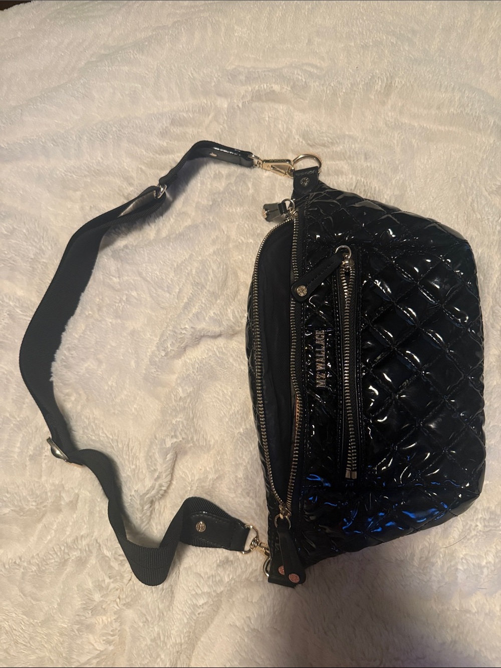 MZ Wallace Quilted Patent Black Crossbody Belt Bag